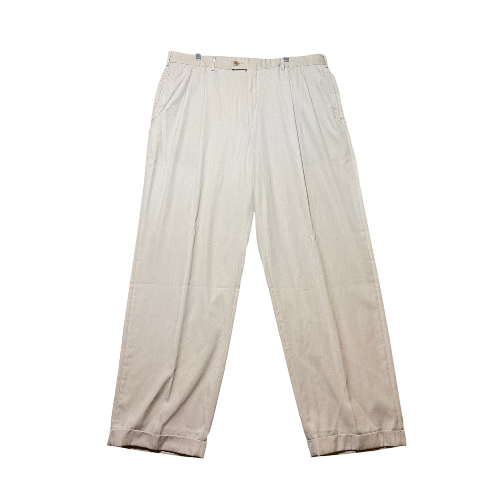 Savane Pleated Dress Pants Men 40x32 Khaki Excellent Wool Blend Cuffed